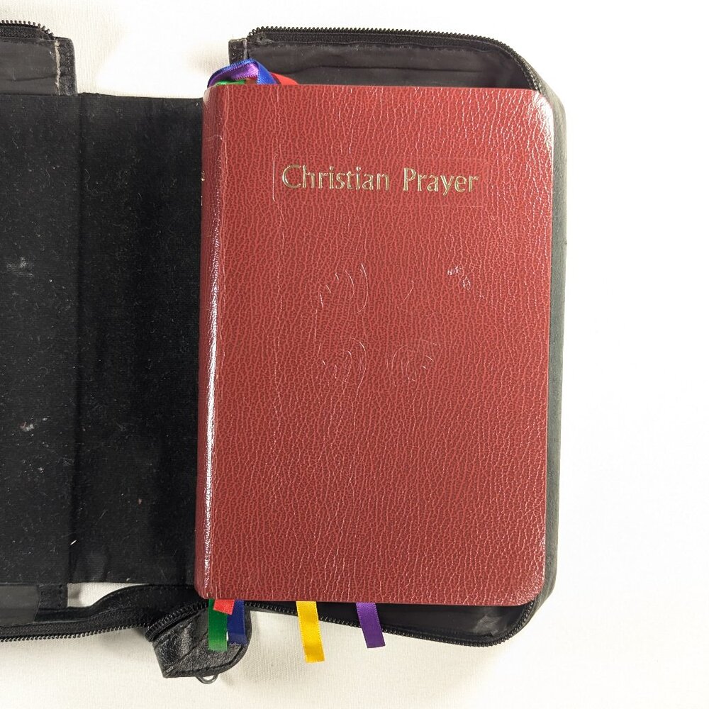 Christian Prayer book in black leather cover, vintage leather bible sleeve